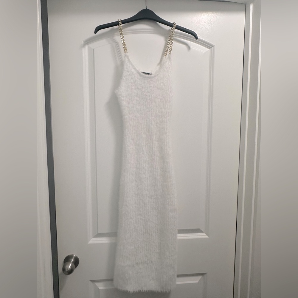 super stretchy white dress with gold chain straps